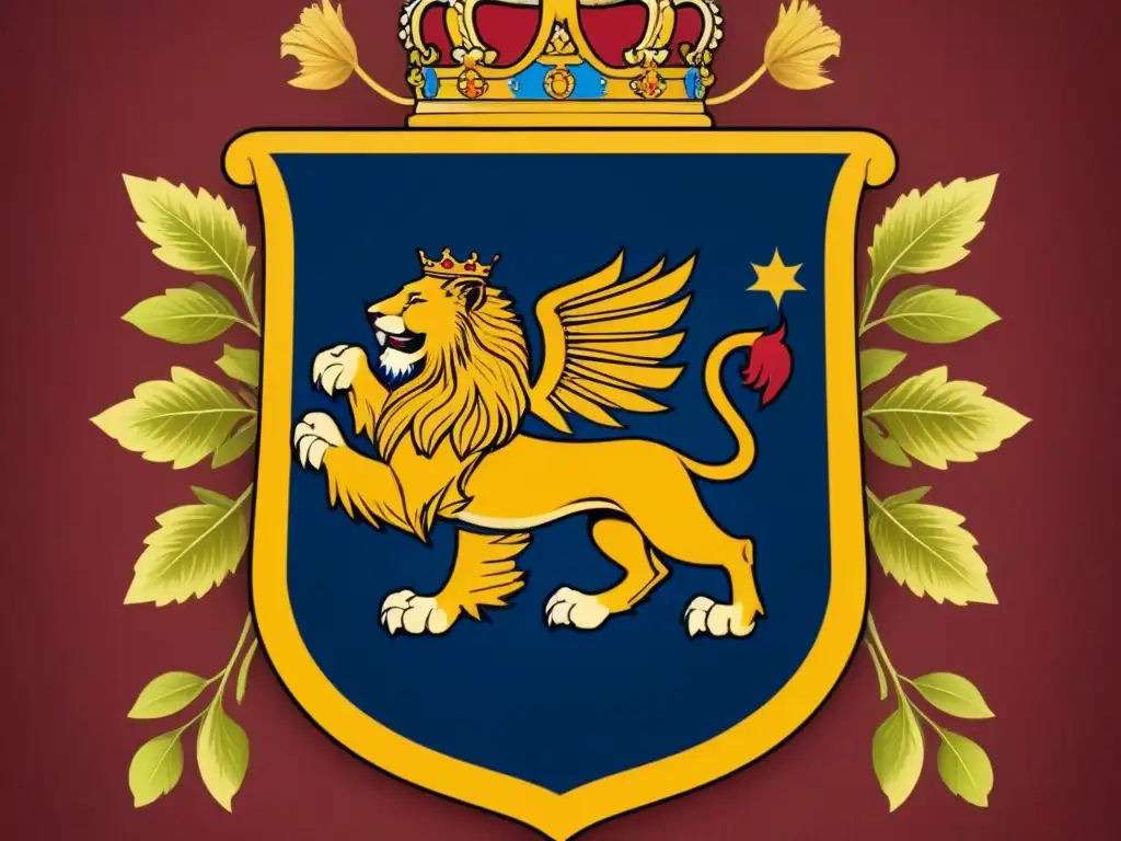 Un escudo de armas renacentista detallado de una noble familia, con un león majestuoso y ornamentos regios