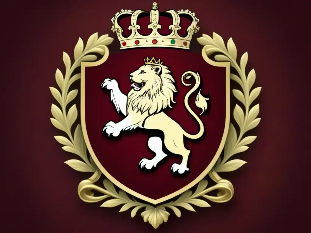 Escudo de armas renacentista detallado de una noble familia, con símbolos de poder y linaje en tonos dorados y granates