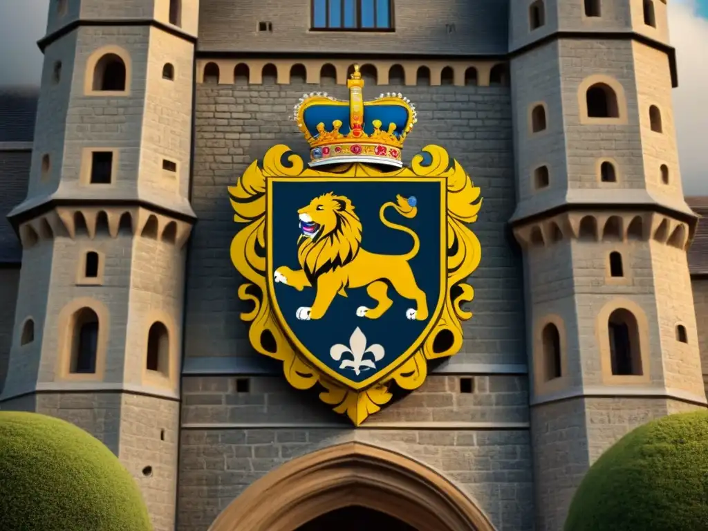 Un escudo de armas detallado de una noble familia asturiana, con leones y castillos, evocando la historia del apellido Longoria