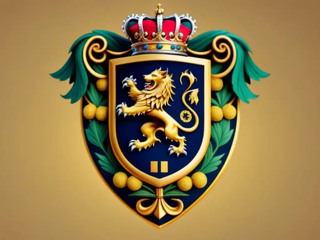 Escudo de armas escocés detallado con dragones entrelazados, leones y corona real, reflejando la historia y riqueza del apellido escocés