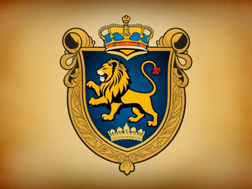 Escudo de armas español detallado con león real y emblemas tradicionales en pergamino envejecido, evocando historia apellidos españoles significado