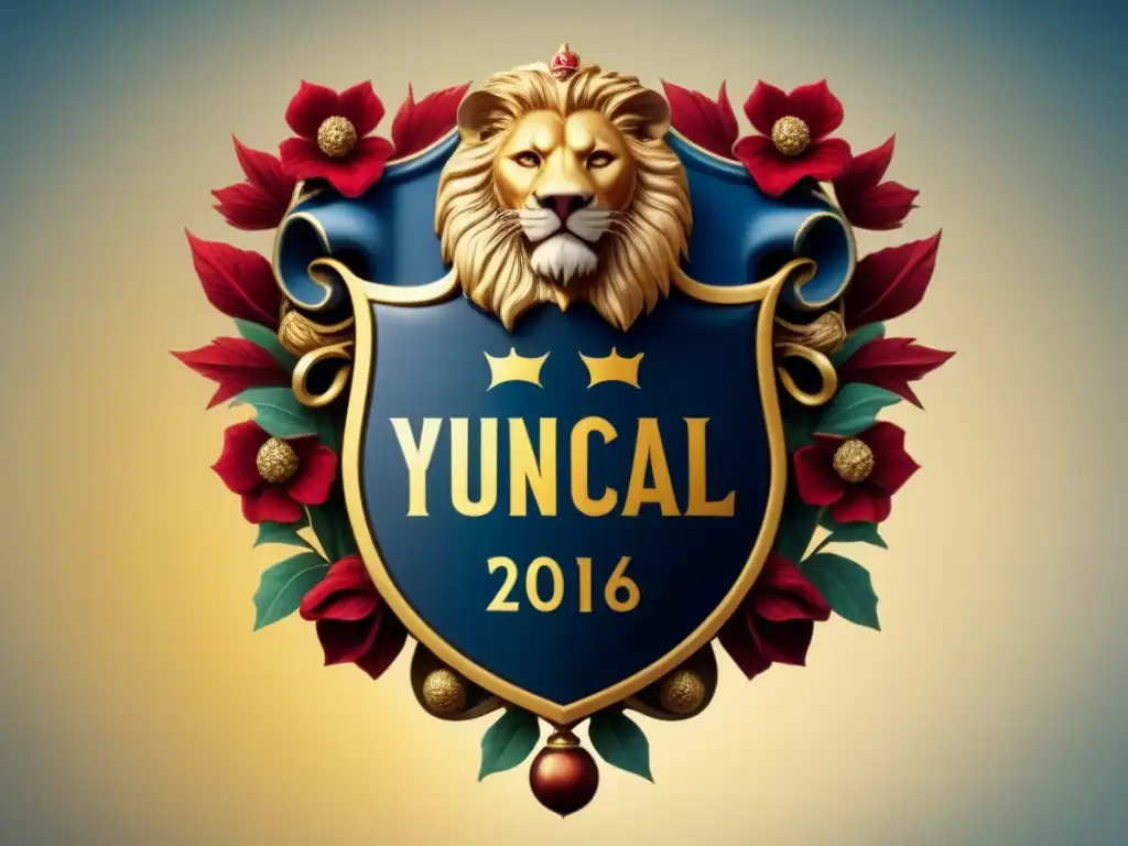 Escudo de armas de la familia Yuncal con león majestuoso y detalles florales en dorado, azul y rojo