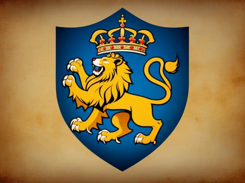 Escudo de armas de una familia noble europea con símbolos heráldicos como leones y castillos, sobre un pergamino antiguo