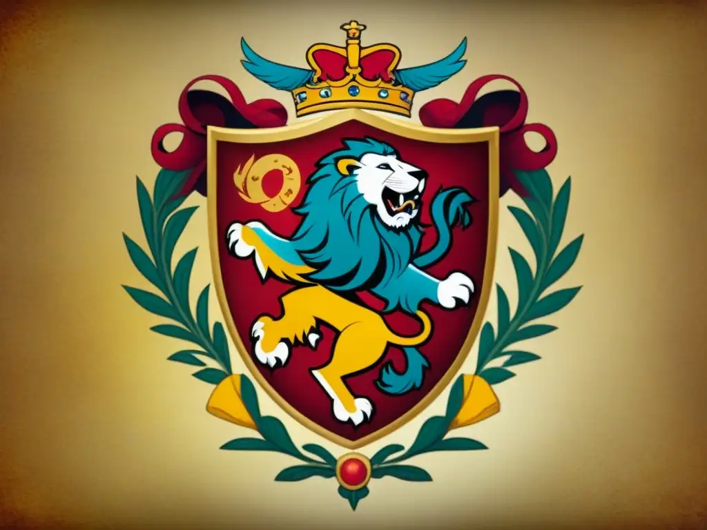 Escudo heráldico vintage con diseño detallado y colores vibrantes Un escudo de armas familiar antiguo con diseño detallado, símbolos heráldicos y colores vibrantes