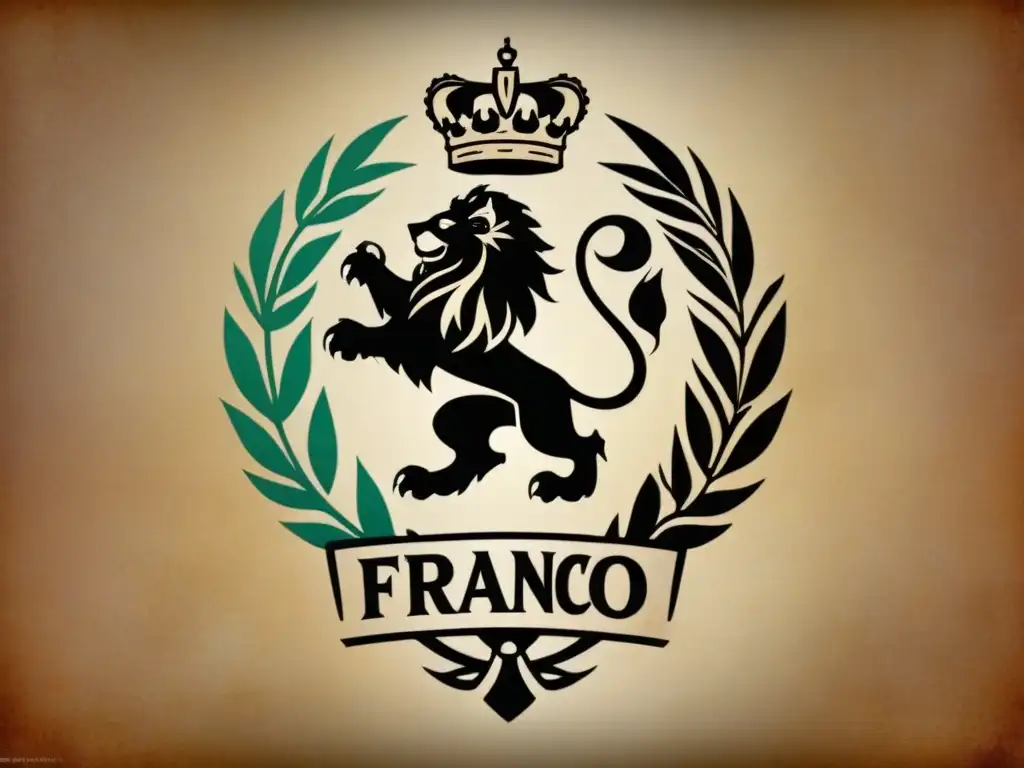 Escudo de armas familiar desgastado con león, castillo y laurel, nombre 'Franco', en pergamino