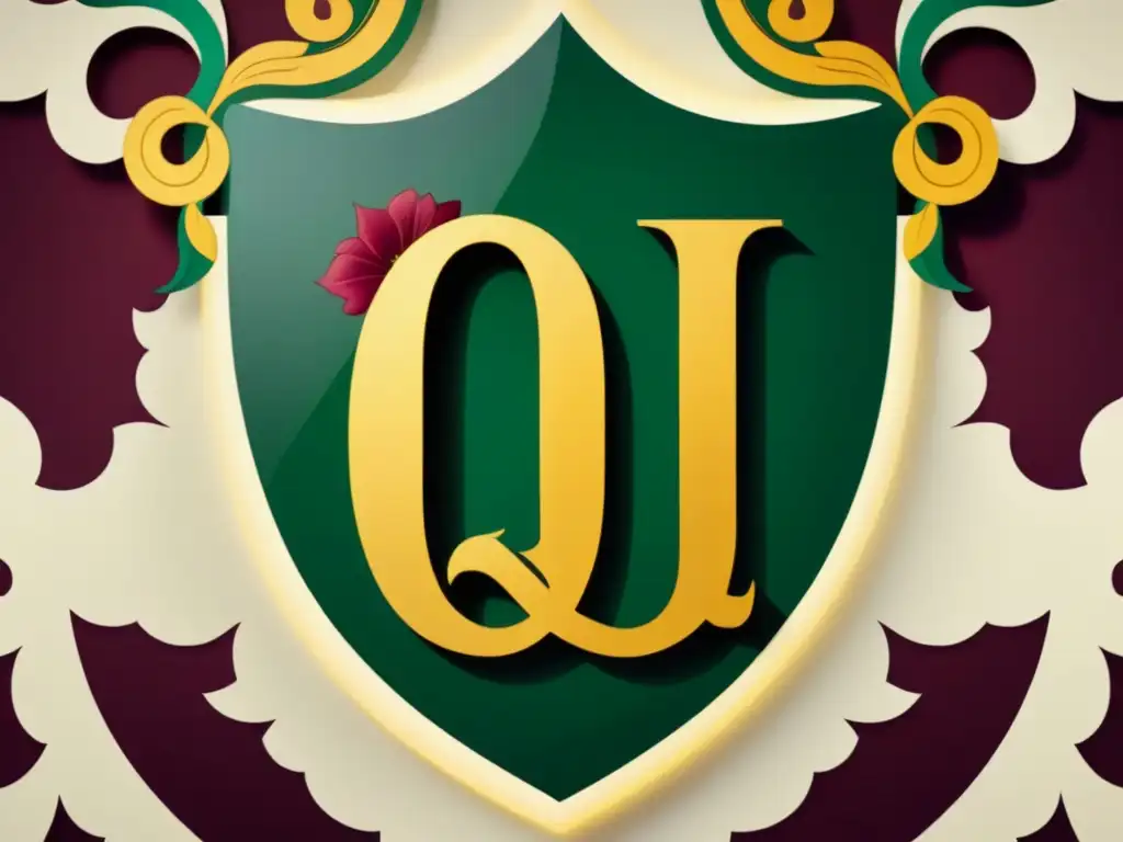 Escudo de armas familiar detallado con la letra 'Q' rodeada de motivos florales y ornamentación, en colores regios