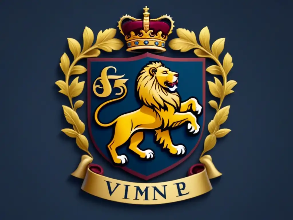 Escudo de armas familiar detallado con símbolos de amor, honor y valor, iniciales entrelazadas, león majestuoso y colores ricos, evocando historia de apellidos con linajes