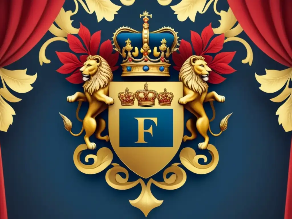 Escudo de armas familiar con detalles de leones, unicornios y corona en tonos dorados, azules y rojos, evocando tradición y herencia