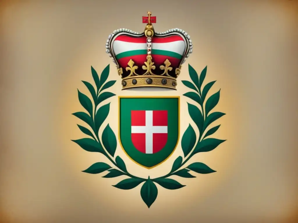 Escudo de armas familiar húngaro vintage con diseño intrincado y motivos florales vibrantes sobre pergamino, evocando historia de apellidos húngaros