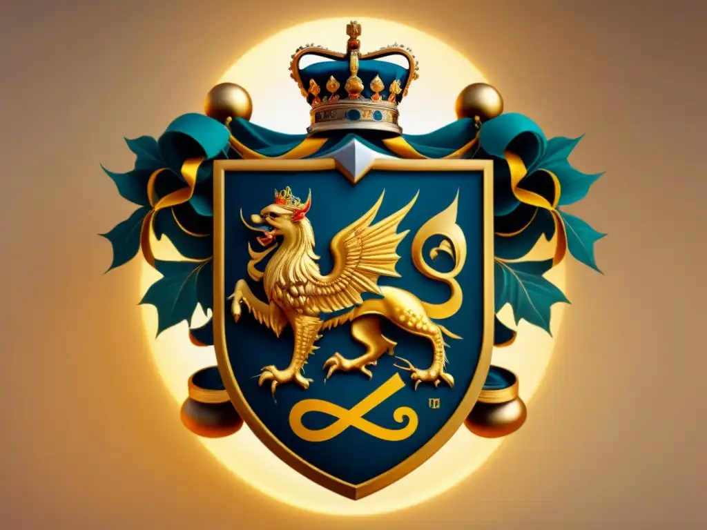 Un escudo de armas familiar lujoso y detallado, representando la riqueza y el prestigio del comercio textil