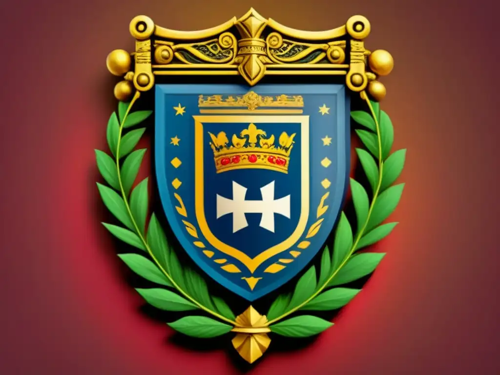 Un escudo de armas familiar majestuoso y detallado, con símbolos heráldicos representando la genealogía y el significado ancestral