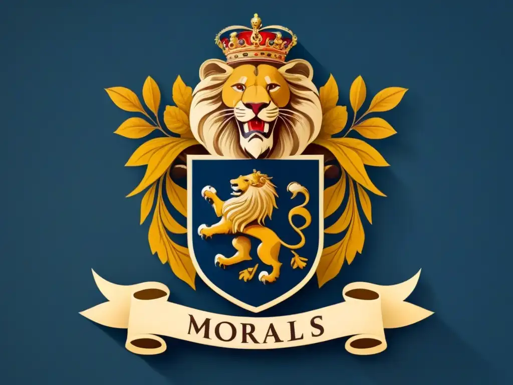 Un escudo de armas familiar con un león majestuoso, hojas de roble y el apellido 'Morales' en elegante caligrafía