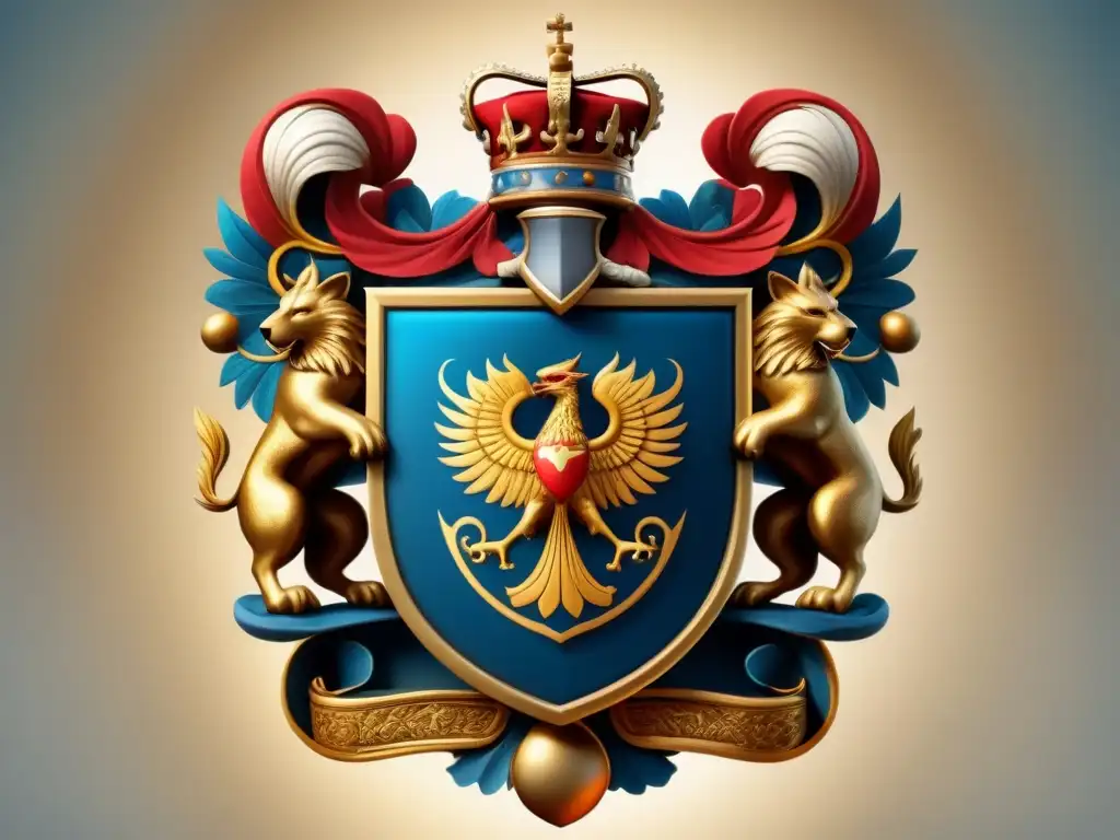 Un escudo de armas familiar majestuoso, detallado y lleno de significado en colores dorados, rojos y azules