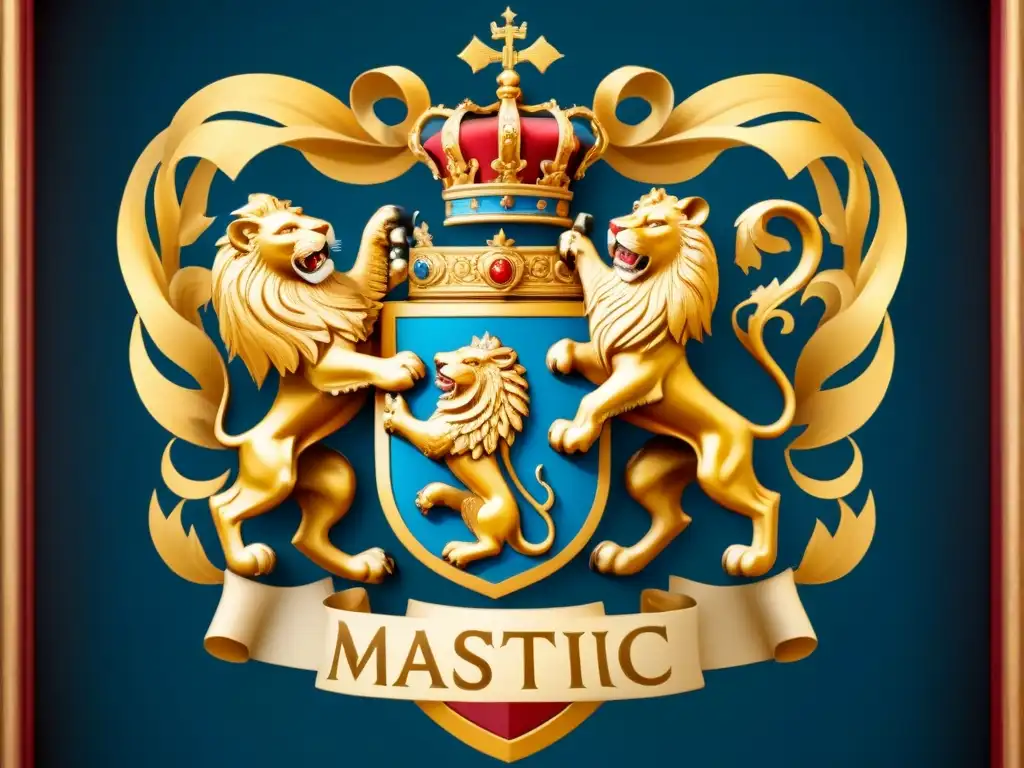 Un escudo de armas familiar majestuoso y detallado en colores dorados, rojos y azules, evocando historia de apellidos y genealogía