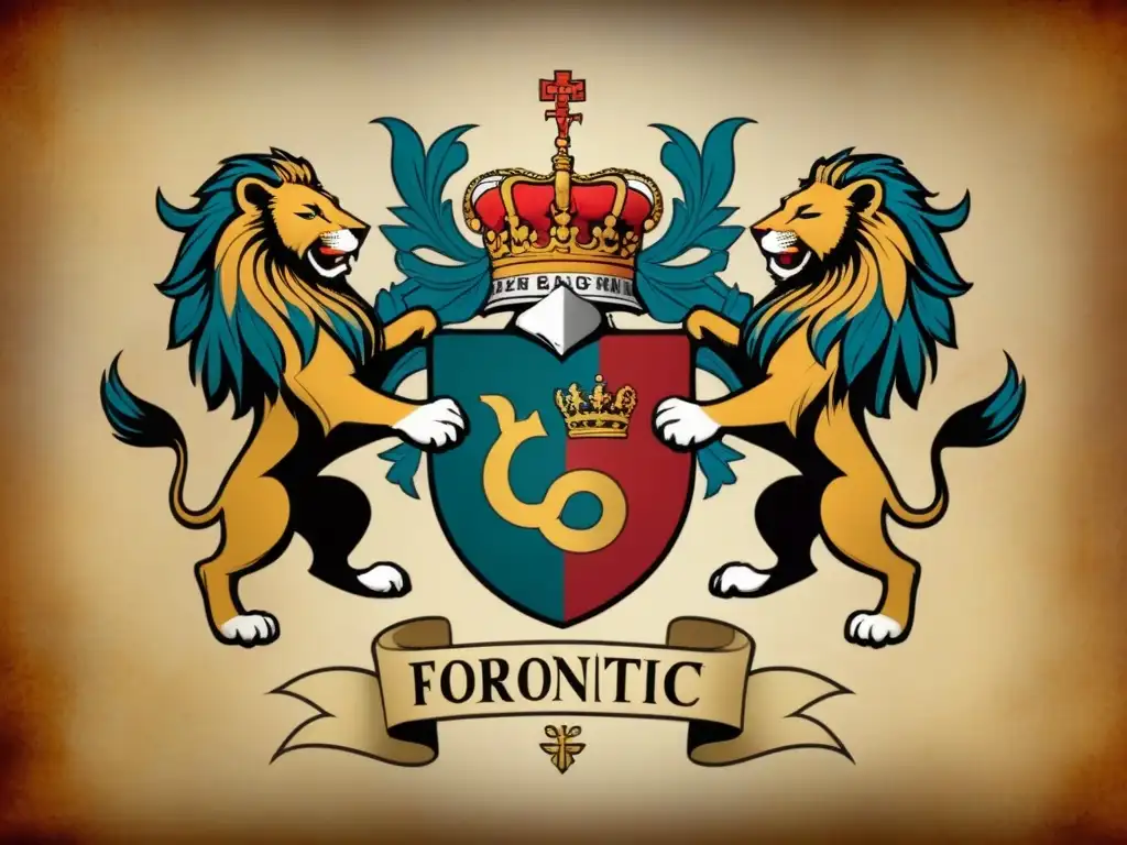 Escudo de armas ancestral: diseño detallado en pergamino envejecido Un escudo de armas familiar majestuoso en pergamino envejecido con símbolos heráldicos detallados