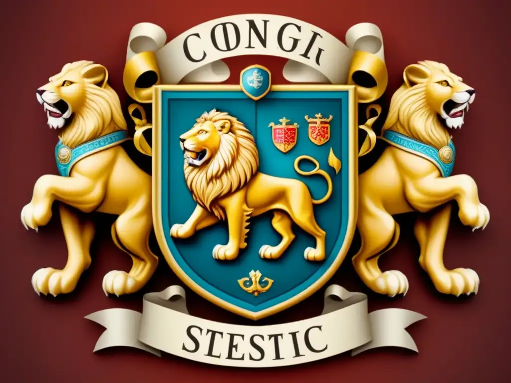 Un escudo de armas familiar majestuoso, detallado y vintage, con leones, escudos y patrones intrincados