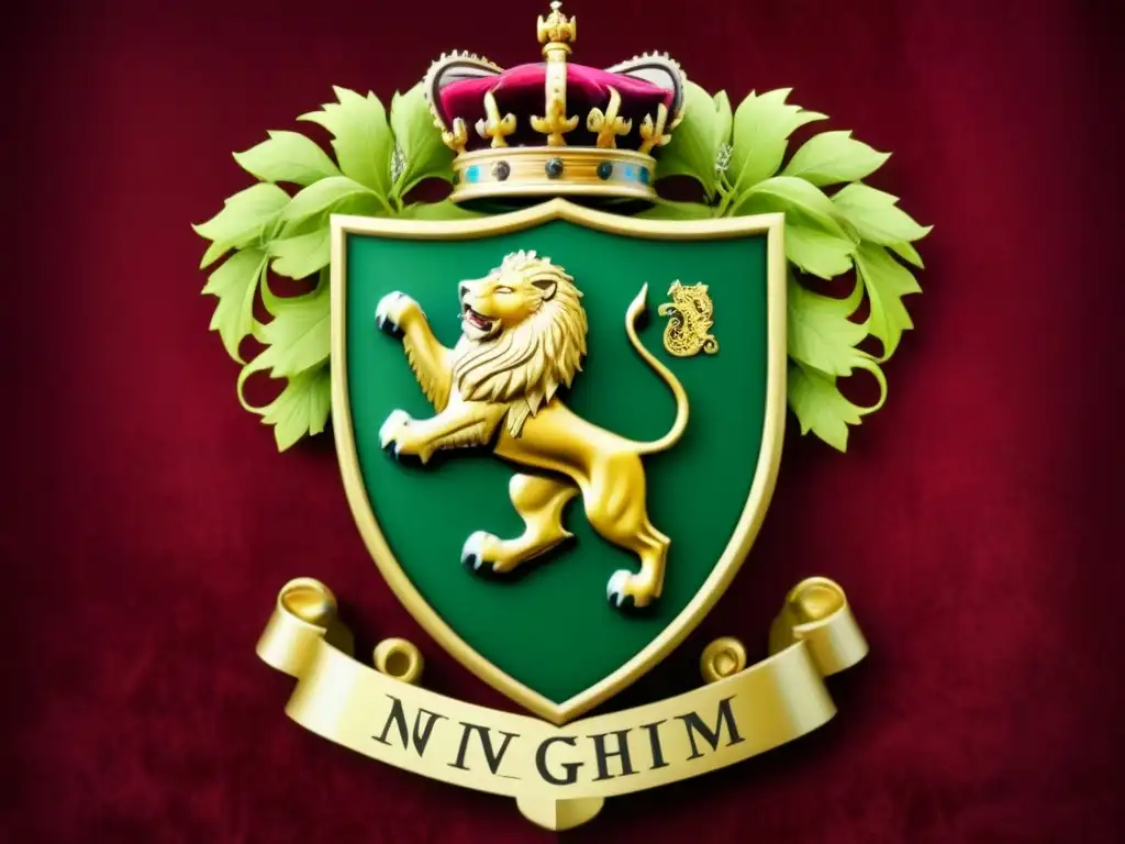 Escudo de armas familiar majestuoso con león y símbolos de nobleza Escudo de armas familiar con león majestuoso y patrones ornamentados en rojo terciopelo, representando la historia de apellidos nobles 'M'