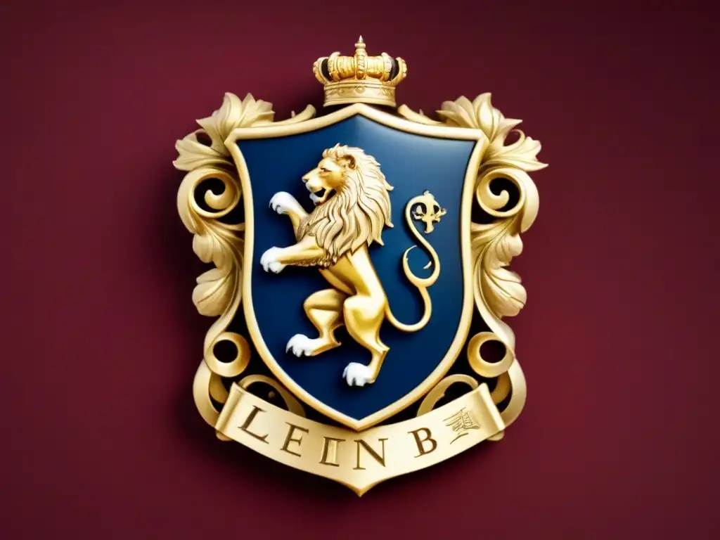 Escudo de armas familiar vintage con un majestuoso león sosteniendo una letra 'B', rodeado de filigranas ornamentales