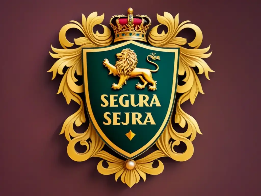 Un escudo de armas familiar vintage con el nombre 'Segura' en caligrafía elegante, rodeado de símbolos de fortaleza y seguridad