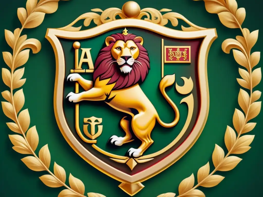 Un escudo de armas familiar vintage con la letra 'A', símbolos heráldicos y leones majestuosos, en tonos de rojo, oro y verde