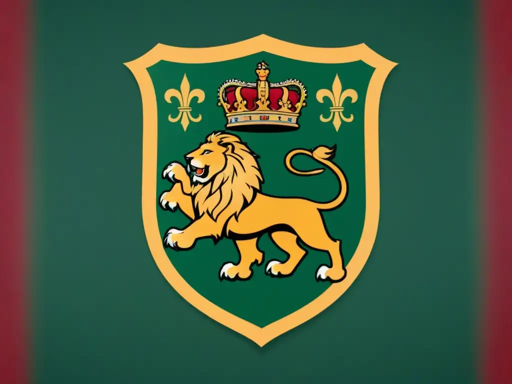 Un escudo de armas familiar vintage detallado con león, escudo de flores de lis y corona, en tonos dorados, carmesí y verde