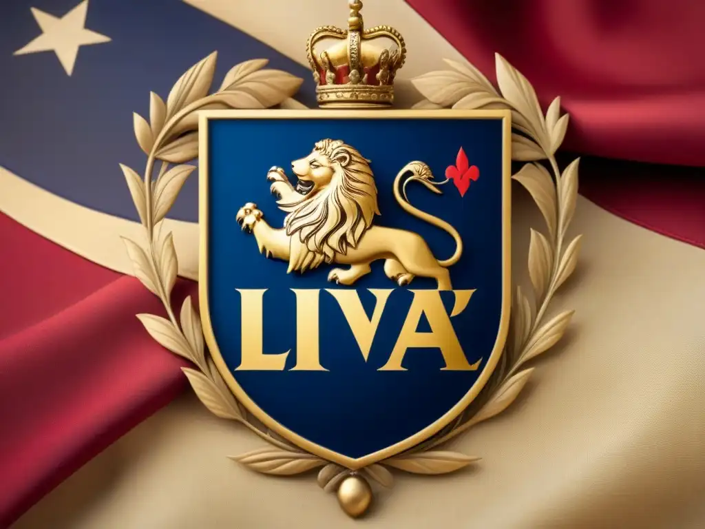 Un escudo de armas familiar vintage con detalles intrincados y símbolos de amor, honor y valor, en un pergamino envejecido