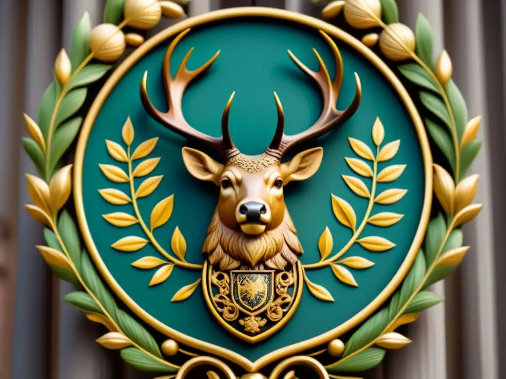 Escudo de armas familiar vintage con un majestuoso venado de elegantes astas rodeado de elementos heráldicos, representando la nobleza y linaje