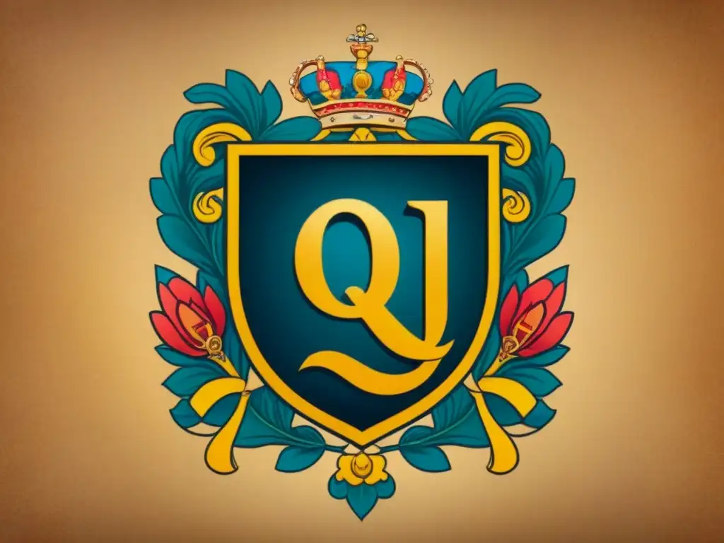 Escudo de armas familiar vintage con la letra 'Q' rodeada de símbolos de nobleza en pergamino envejecido - Orígenes apellidos Q raíces históricas