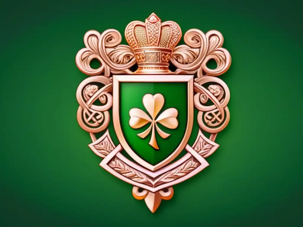 Escudo de armas irlandés antiguo con nudos celtas y tréboles, en tonos verdes y dorados, evocando la historia de apellidos irlandeses ancestros