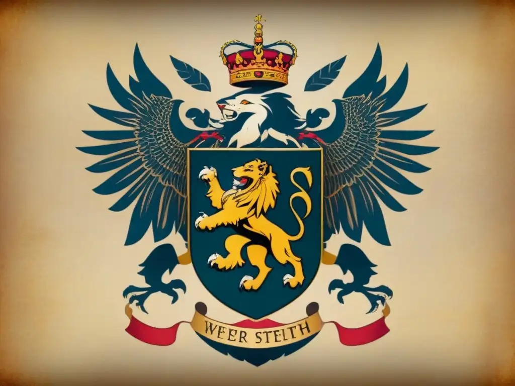 Un escudo de armas majestuoso y detallado en un pergamino envejecido, con símbolos heráldicos de leones, águilas y crestas elaboradas