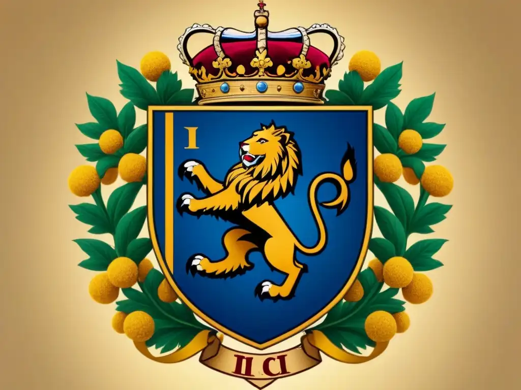 Un escudo de armas majestuoso con diseño detallado, destacando la letra 'I' rodeada de símbolos de nobleza como leones y coronas