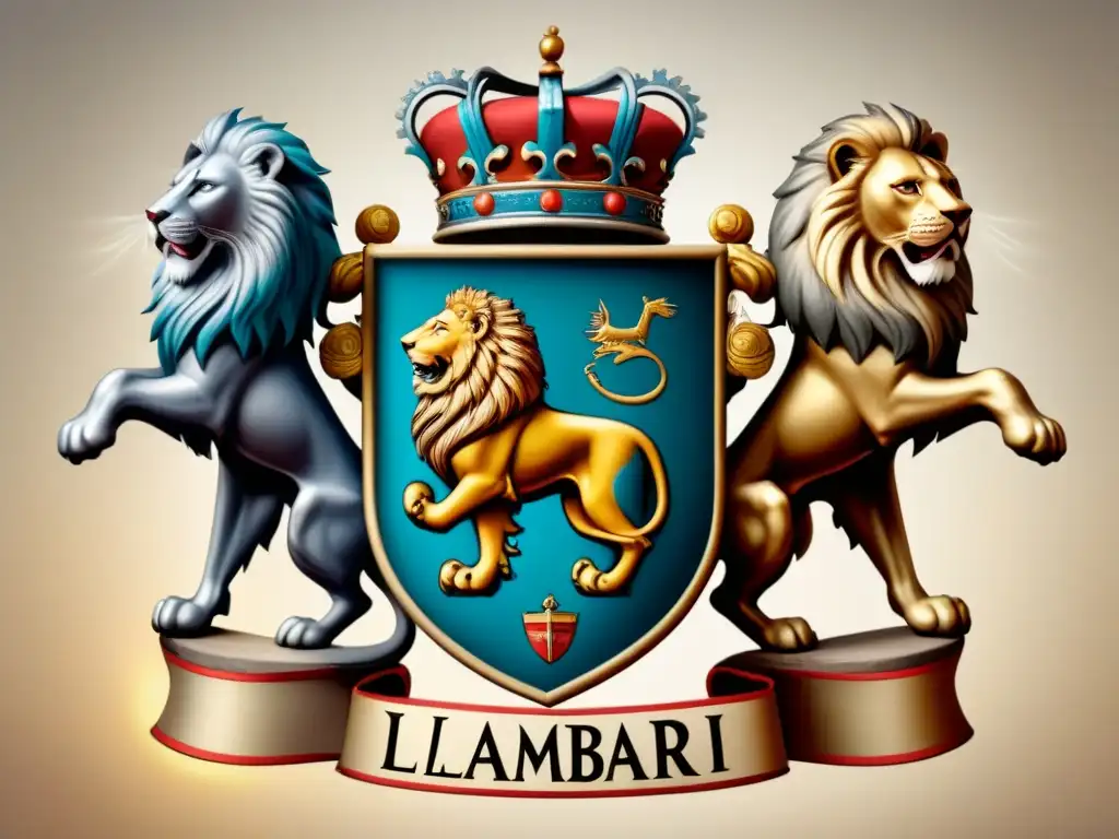 Un escudo de armas majestuoso de la familia Lambarri, con leones, castillos y símbolos heráldicos entrelazados