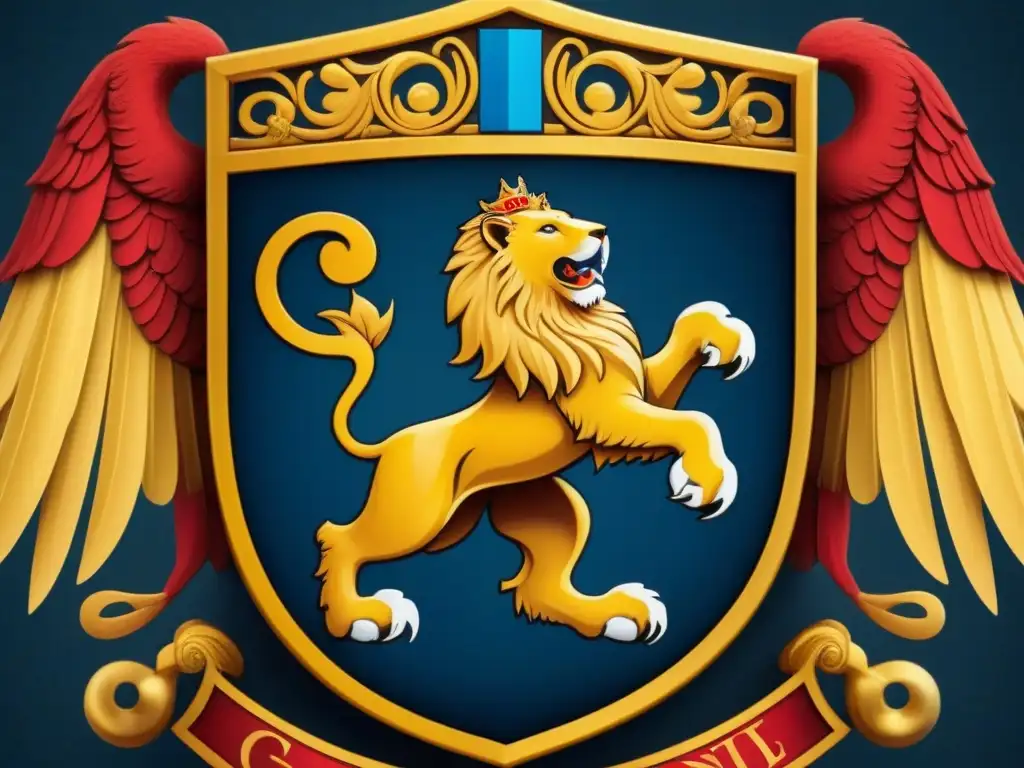 Un escudo de armas majestuoso con la letra 'G' rodeada de leones, águilas y detalles ornamentados en tonos regios