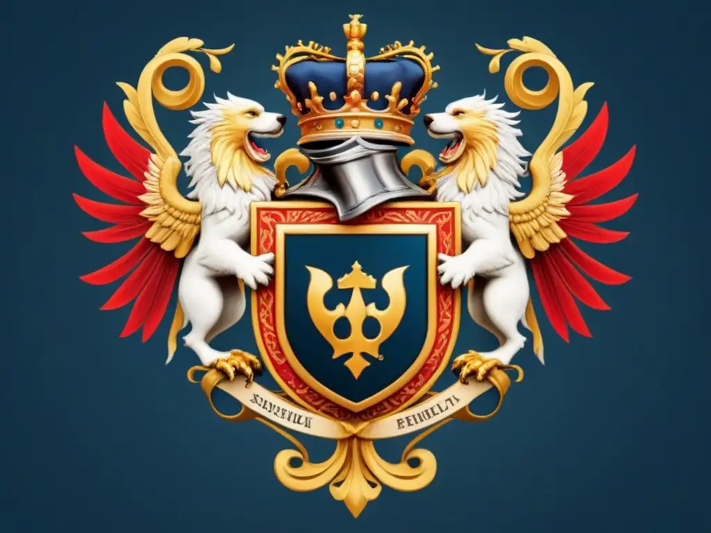 Un escudo de armas majestuoso con símbolos heráldicos, coronas y criaturas míticas