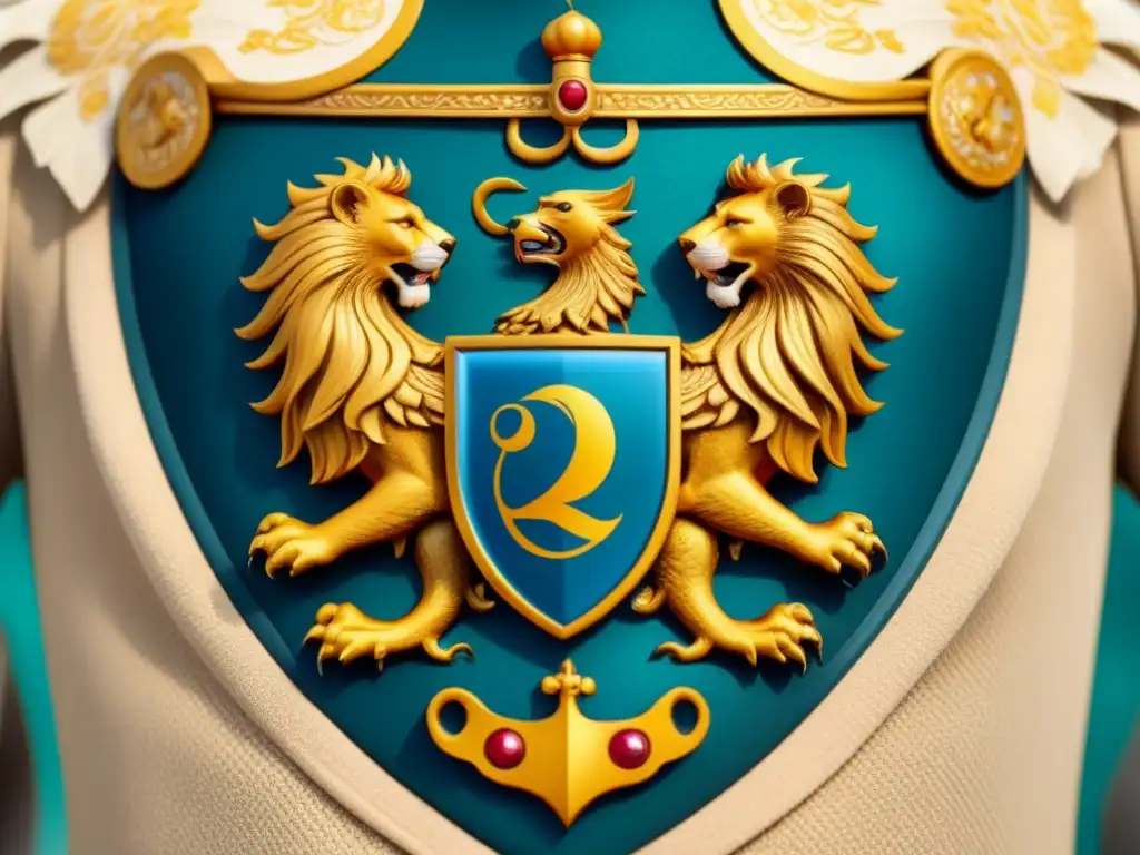 Un escudo de armas majestuoso con símbolos heráldicos, leones y águilas, evocando historia de apellidos y escudos