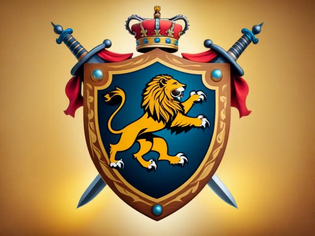 Un escudo de armas majestuoso con símbolos heráldicos de leones, águilas y espadas entrelazados en scrollwork