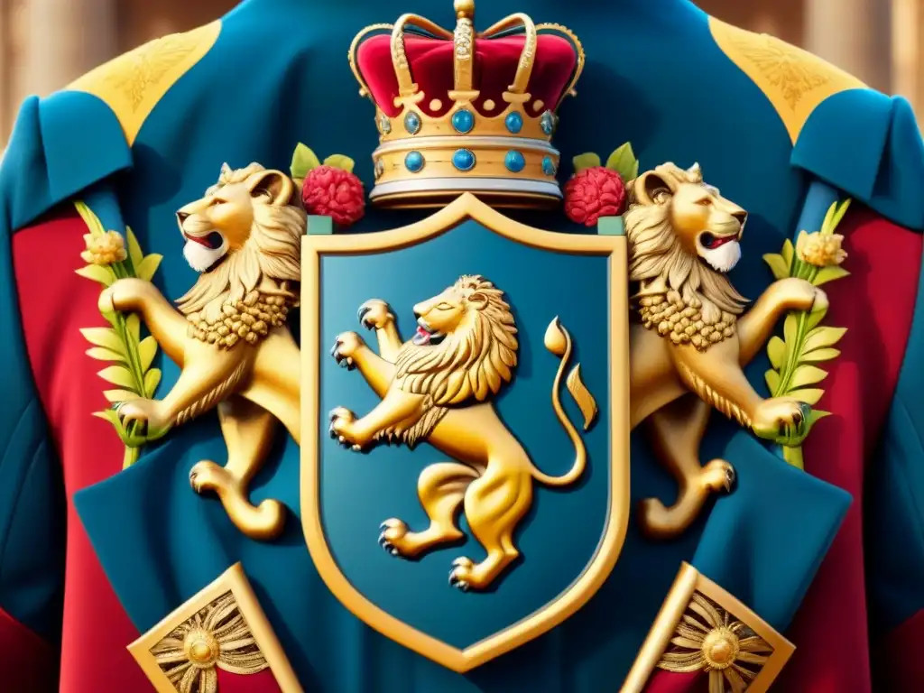 Un escudo de armas majestuoso en tonos rojos, dorados y azules con leones, coronas y escudos