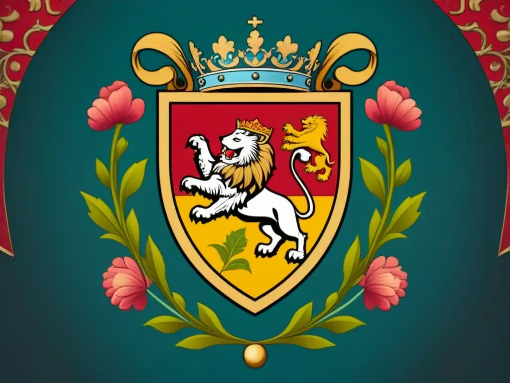 Escudo de armas medieval detallado del apellido Hernando en la Reconquista, con león rampante y motivos florales ornamentados