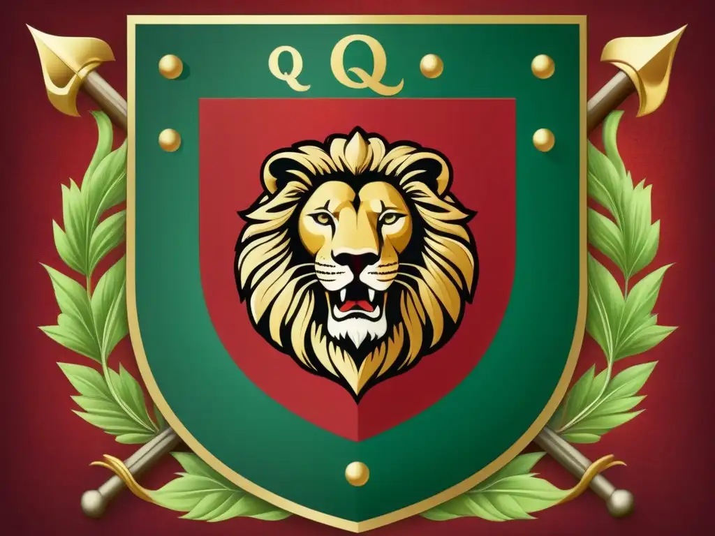 Un escudo de armas medieval detallado con la letra 'Q' rodeada de símbolos de valor y honor, representando apellidos con Q en la Edad Media