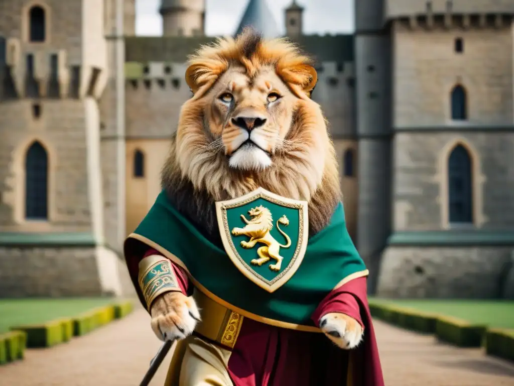 Crear escudo de armas personalizado: Ilustración vintage de un majestuoso león rampante con corona y escudo, frente a un castillo medieval