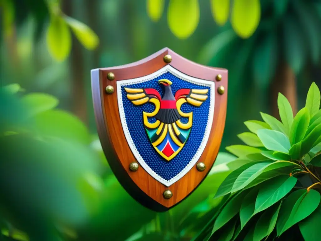 Escudo de armas de sociedades indígenas, adornado con plumas y detalles culturales en la selva