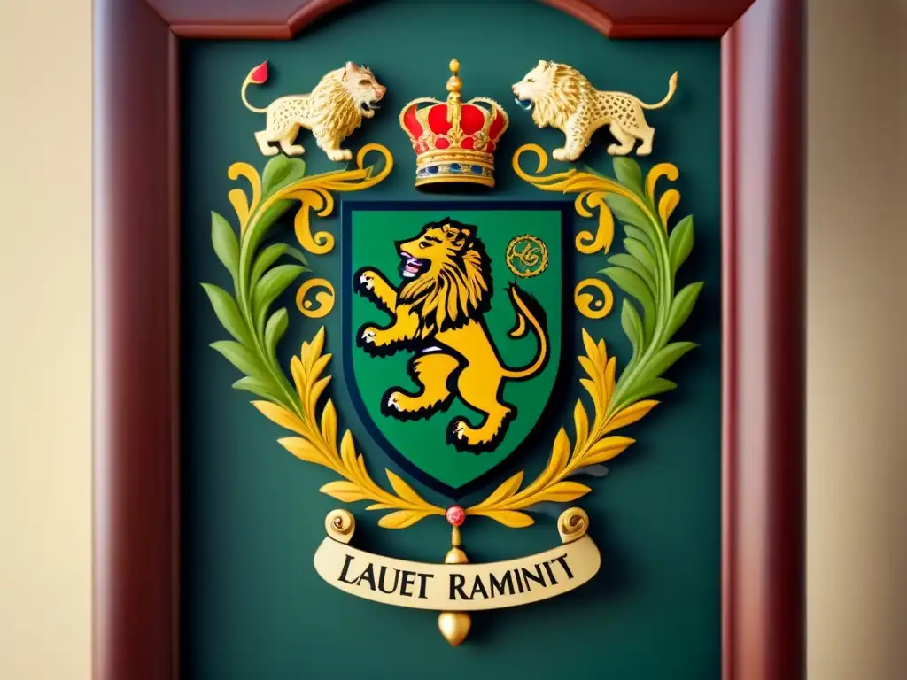 Escudo de armas vintage detallado con león rampante, torre y corona de laurel rodeados de filigranas