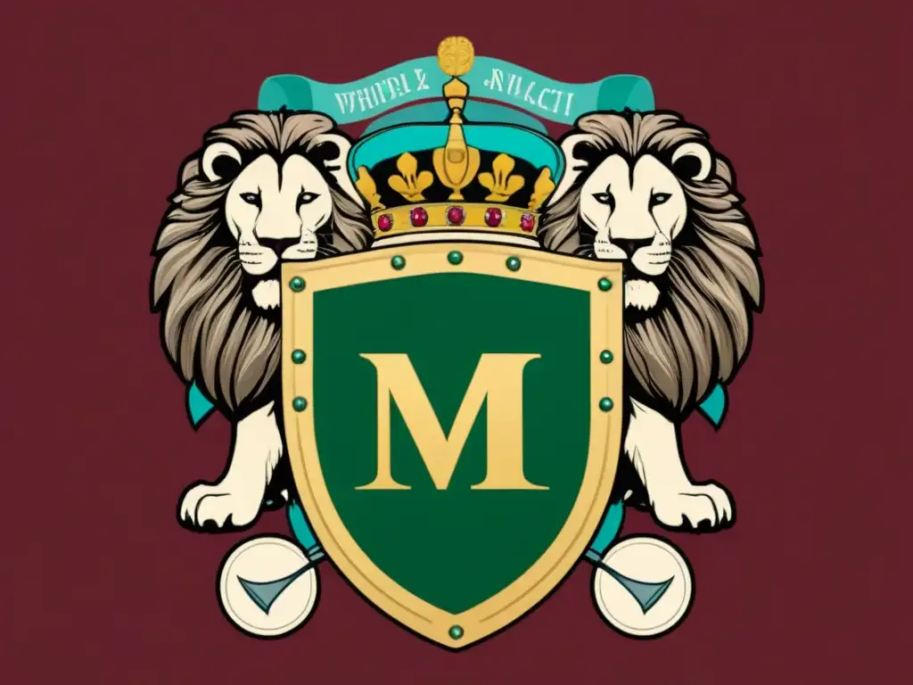 Un escudo de armas vintage detallado con leones majestuosos, filigranas y la inicial 'M', evocando historia de apellidos nobles M