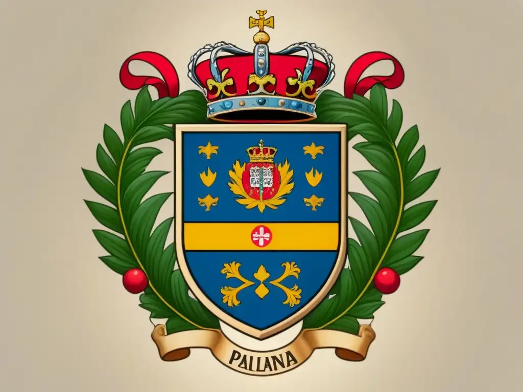 Escudo de armas vintage detallado de la familia Palencia, lleno de símbolos históricos y colores, evocando nobleza y significado histórico