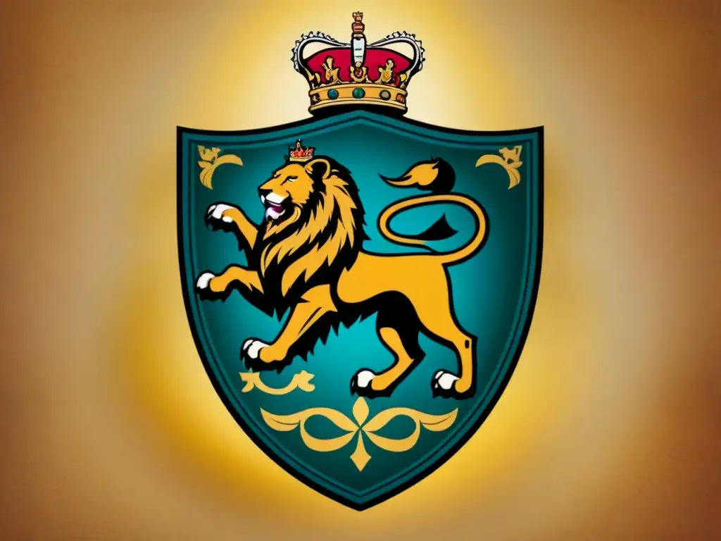 Un escudo de armas vintage detallado con un león majestuoso, una corona regia y colores vibrantes que simbolizan la historia de los Escudos de Armas