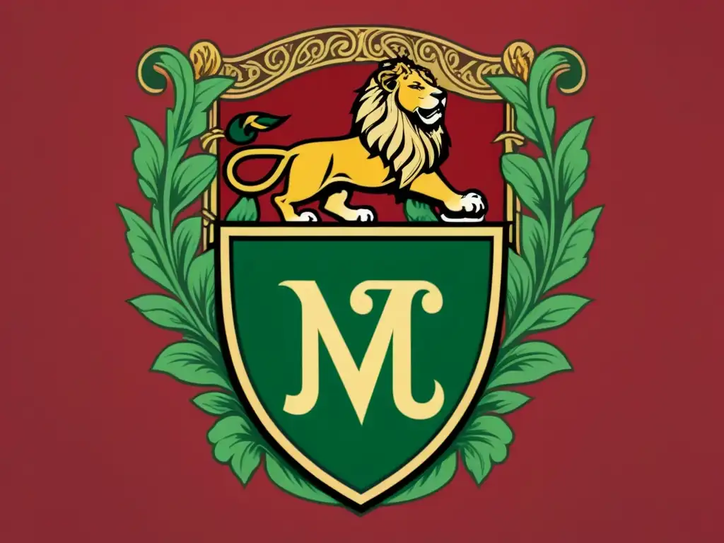 Escudo de armas vintage con león majestuoso y emblema de 'M', rodeado de motivos florales y ornamentación detallada en tonos dorados, rojos y verdes