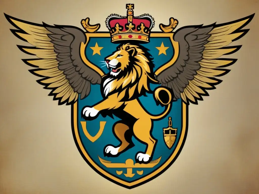 Un escudo de armas vintage con un león majestuoso, un águila real y símbolos heráldicos, sobre pergamino envejecido