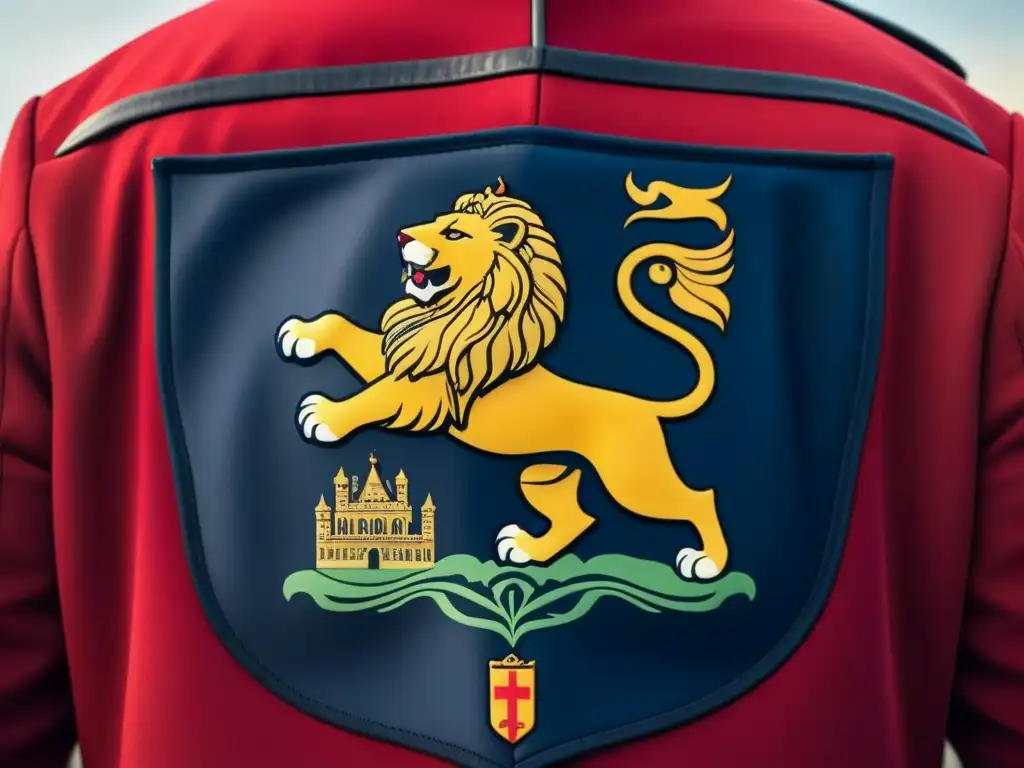 Escudo de armas vintage con símbolos heráldicos en tonos dorados, carmesí y azul marino