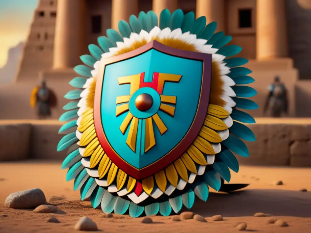 Un escudo azteca majestuoso, con plumas y símbolos, en ruinas mesoamericanas al atardecer