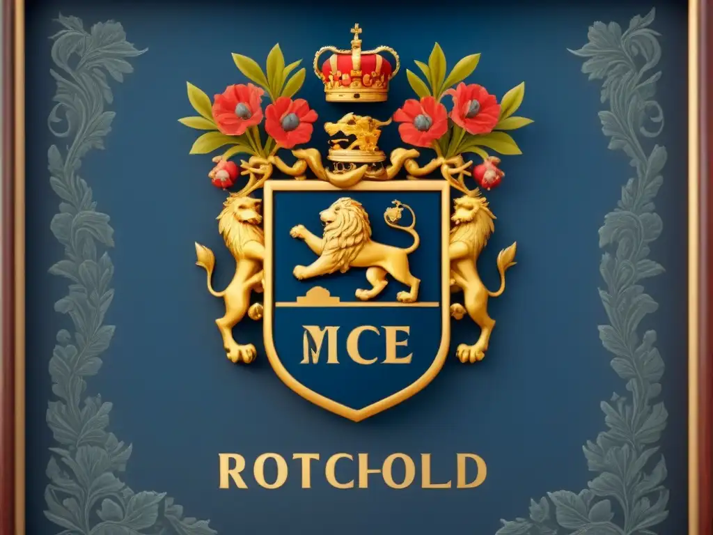 Escudo detallado con símbolos heráldicos rodeado de motivos florales
